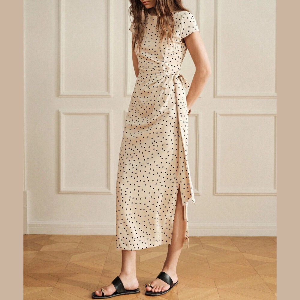 Cream Polka Dot Side Tie Slit Short Sleeve Maxi Dress